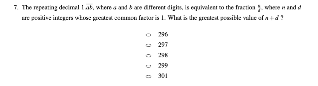 LaTeX 错题本中 GRE 数学单选题渲染效果，椭圆 bullet 加五个选项