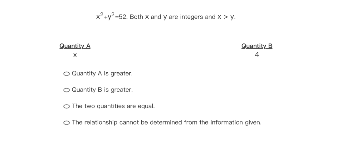 GRE Quant 比大小题考试界面复刻，Quantity A 与 Quantity B 对比排列加四个选项