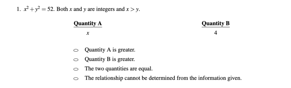 LaTeX 错题本中比大小题渲染效果，Quantity A 为 x、Quantity B 为 4