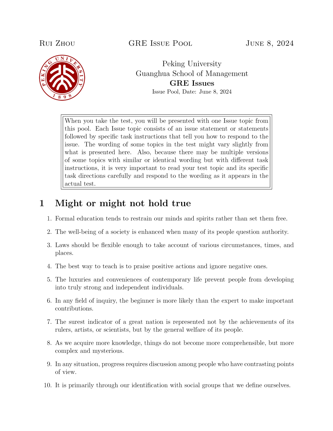 GRE Issue Pool LaTeX 文档封面及第一页题目（共 14 页）