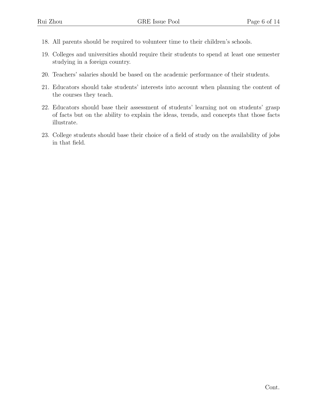 GRE Issue Pool 第 6 页，Issue 题目列表续