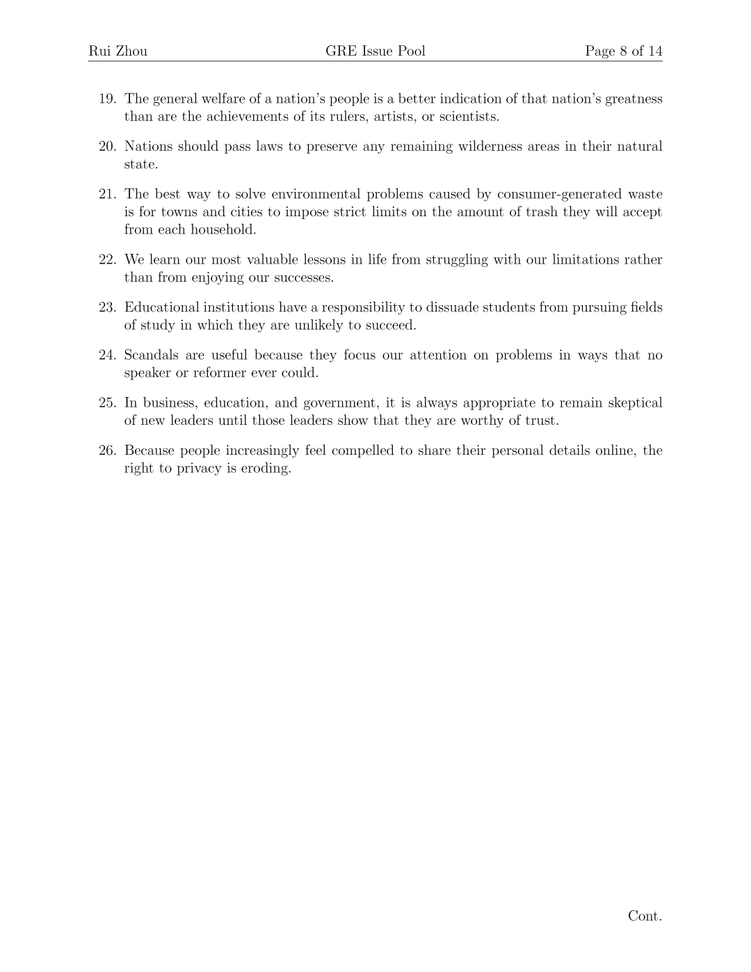 GRE Issue Pool 第 8 页，Issue 题目列表续