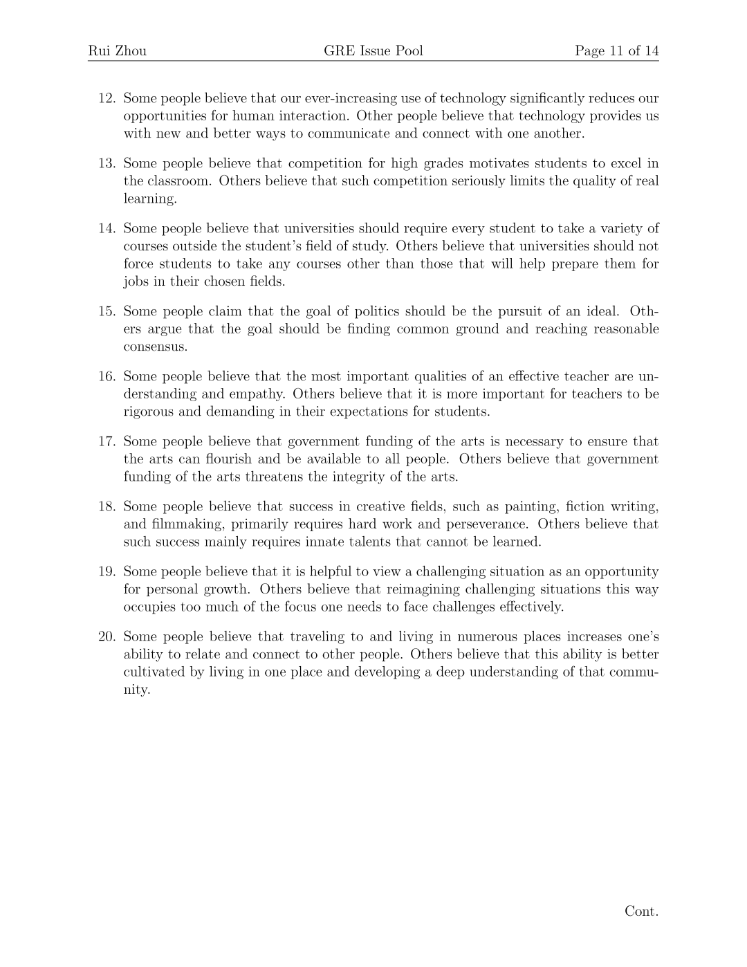 GRE Issue Pool 第 11 页，Issue 题目列表续