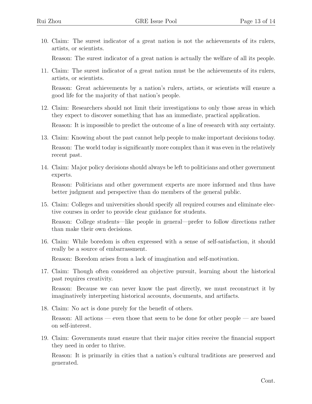 GRE Issue Pool 第 13 页，Issue 题目列表续