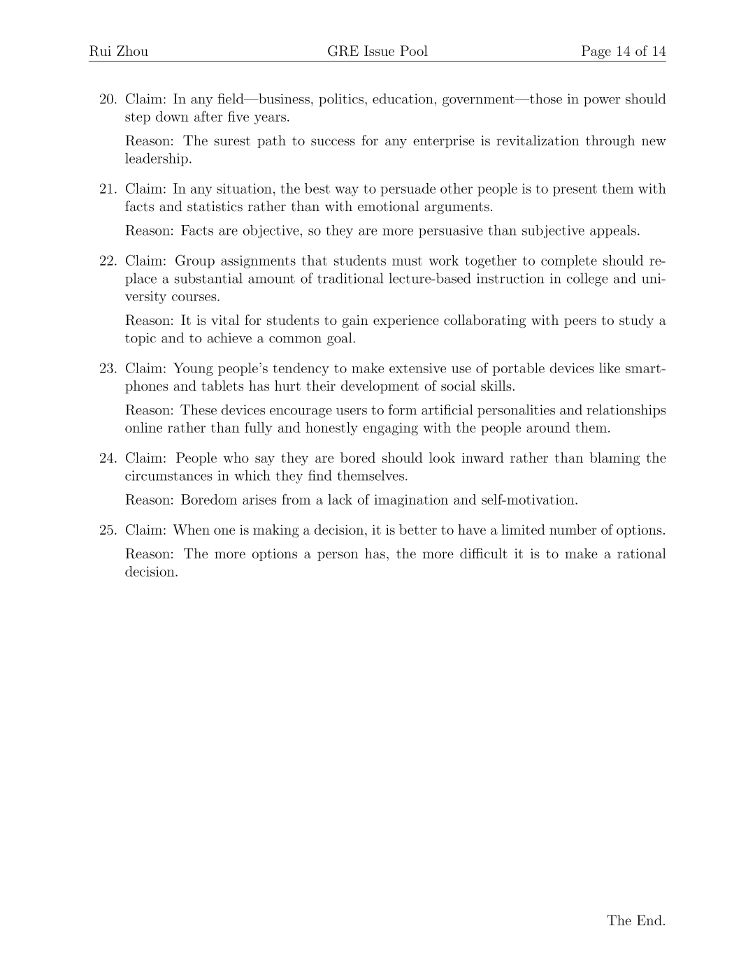 GRE Issue Pool 第 14 页末页，包含 Claim-Reason 型题目 20–25