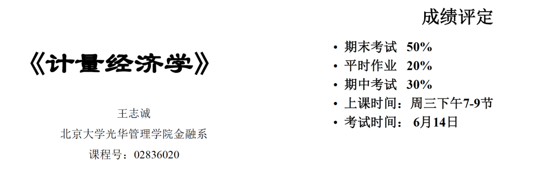 《计量经济学》王志诚班课程封面及成绩评定方式：期末 50%、作业 20%、期中 30%