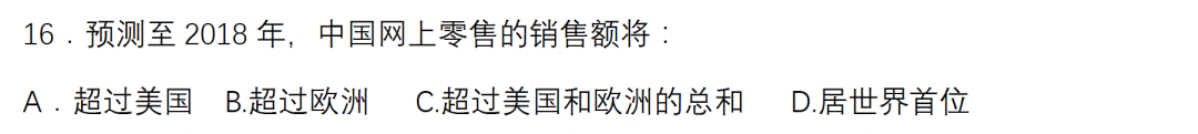 期末选择题：预测2018年中国网上零售销售额与美欧对比