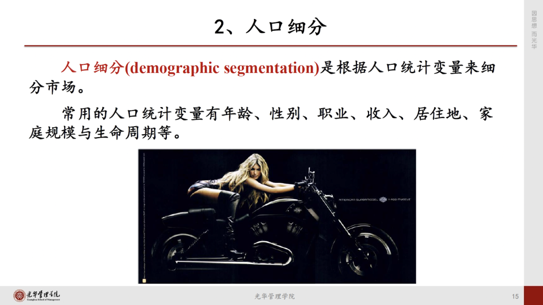 营销学PPT截图：人口细分定义与摩托车广告配图