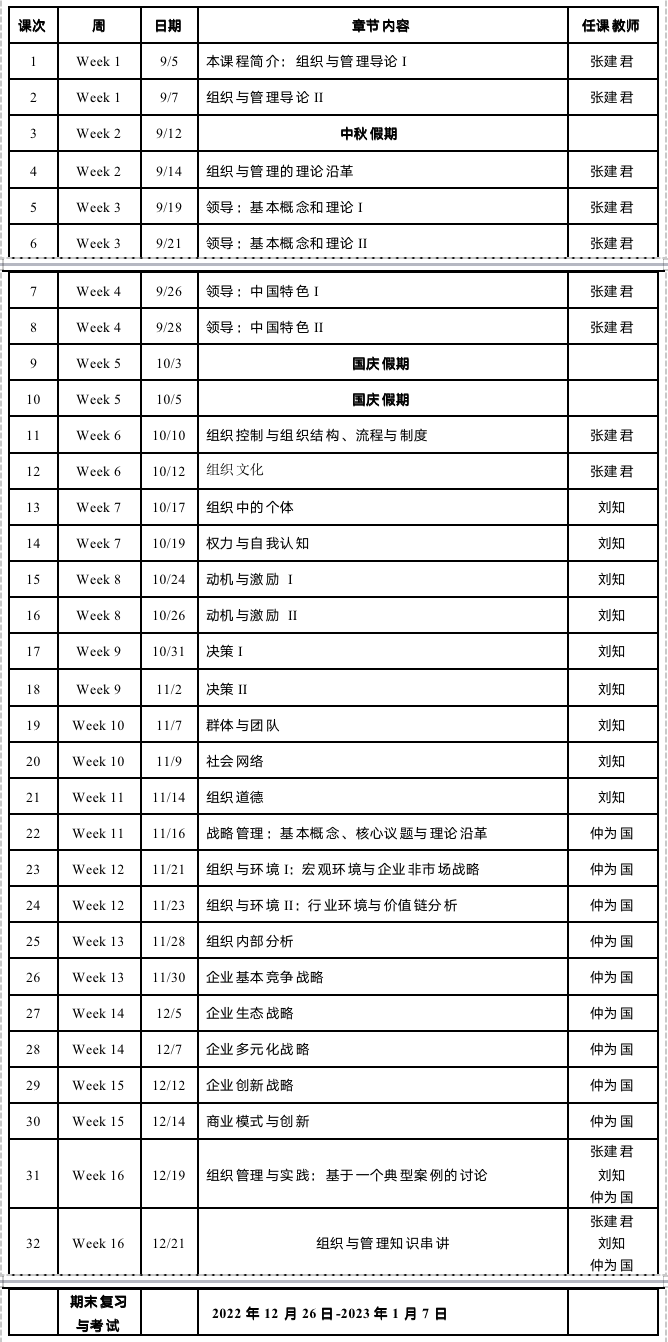 《组织与管理》全学期课程安排表，含各周主题、授课教师和时间