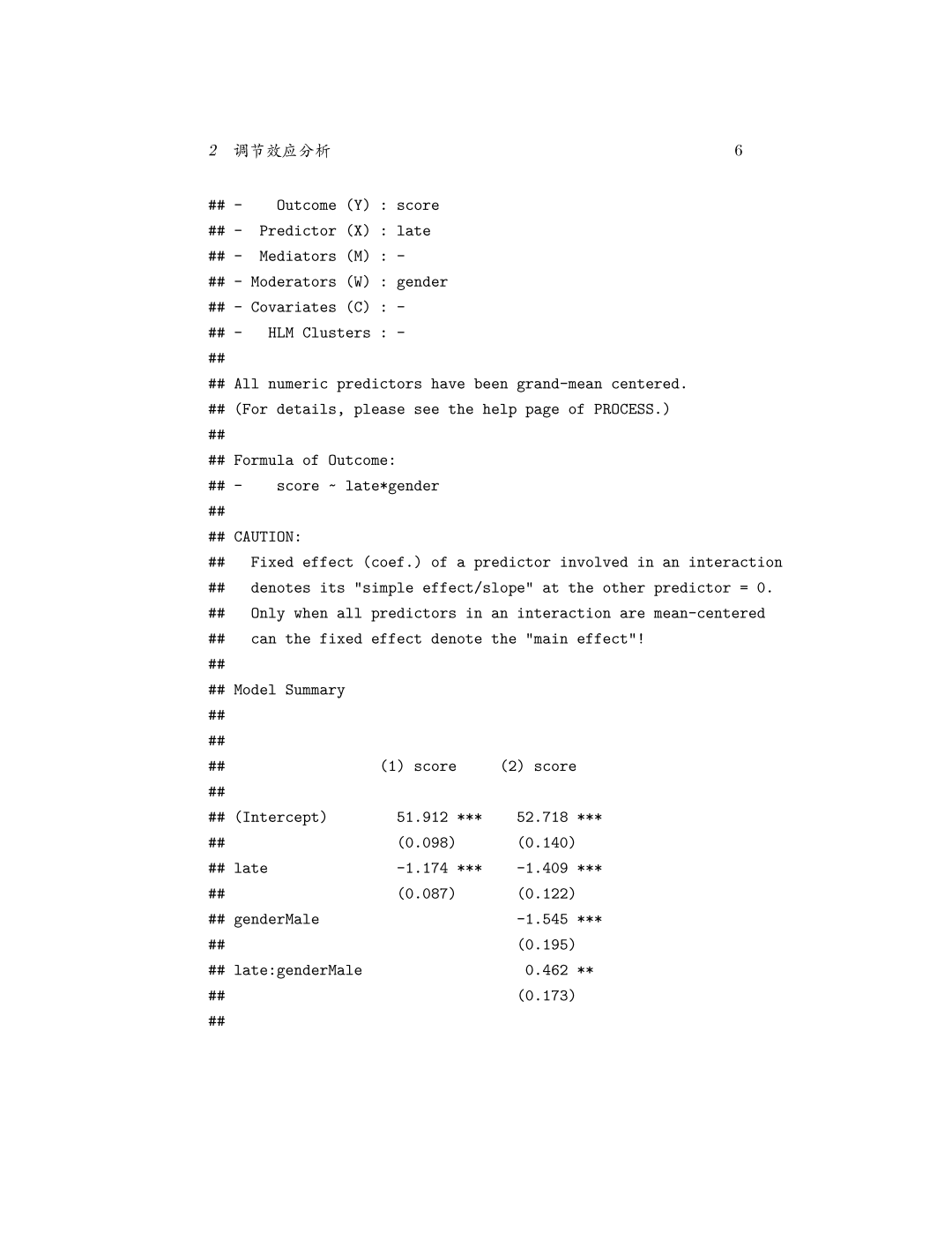 PROCESS() 输出的回归模型摘要，含交互项系数