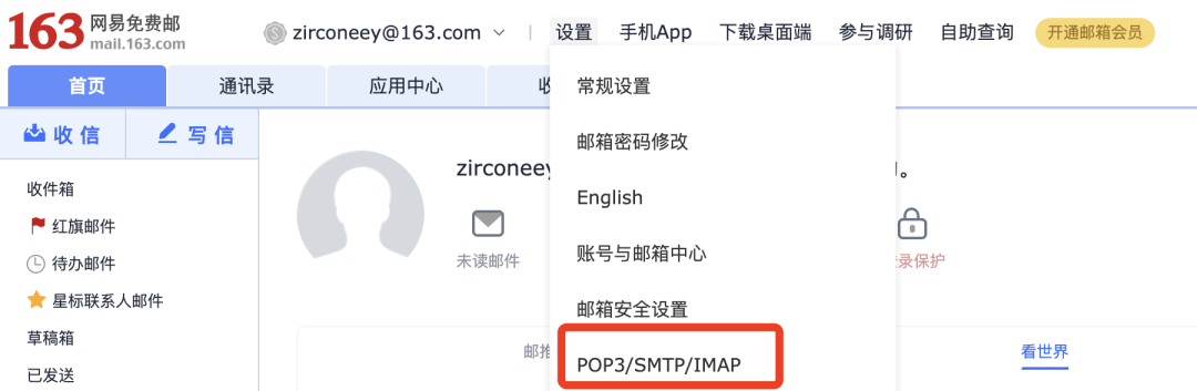 163 邮箱设置页面中打开 POP3/SMTP/IMAP 服务的选项及授权密码管理入口