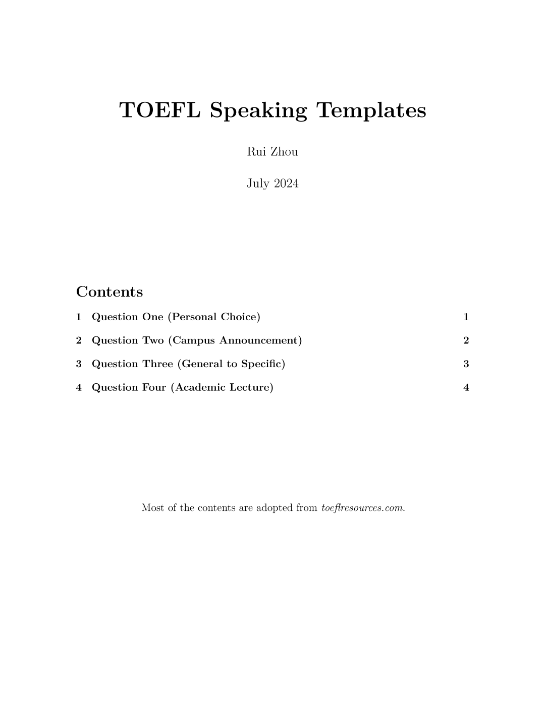 托福口语模板 PDF 封面,含目录四道题分类