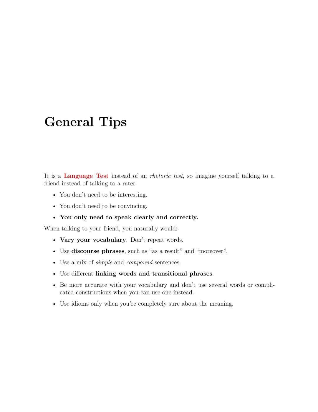 托福口语 General Tips 页,强调把考试视为语言测试而非口才展示