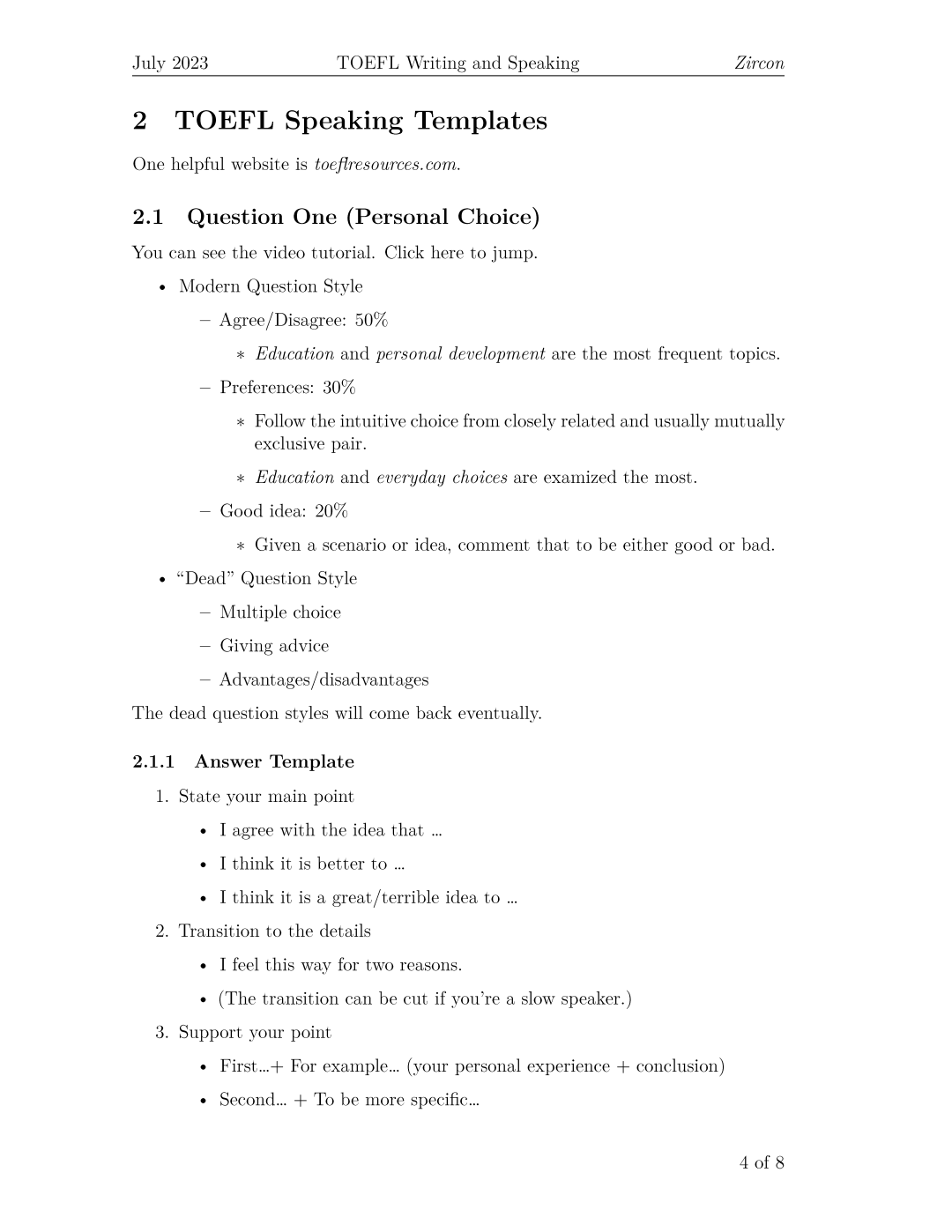 托福口语模板第 5 页，Question One 个人选择型题目模板详解