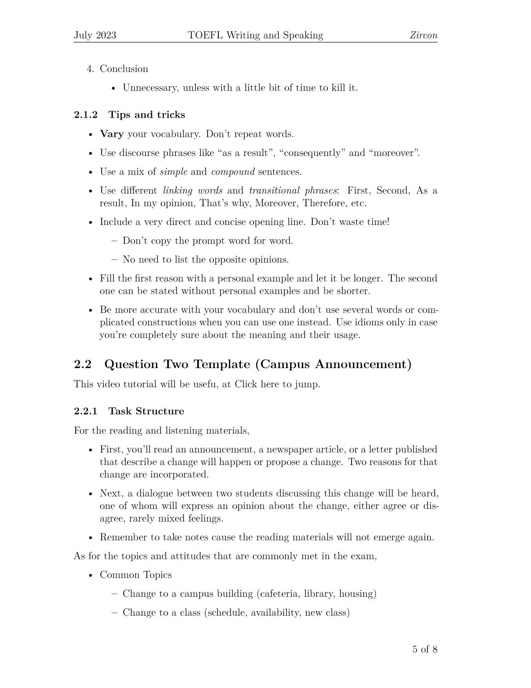 托福口语模板第 6 页，Question Two 校园通知类题目模板