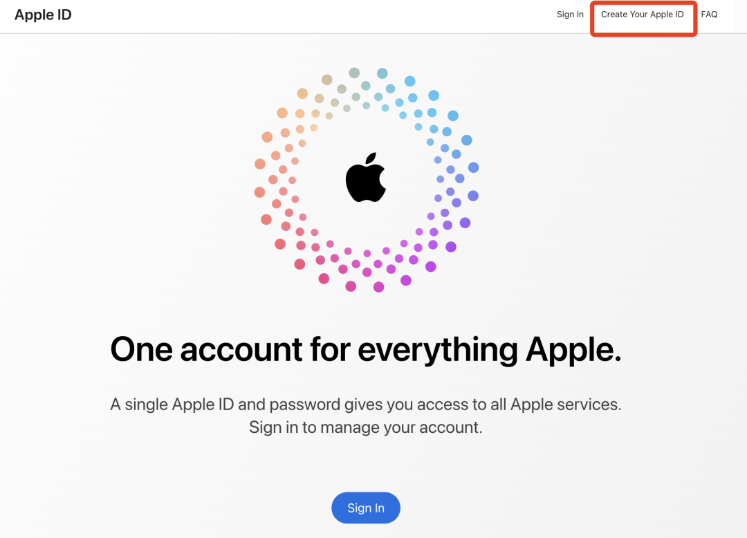 Apple ID 官网首页，右上角标红“创建新账号”按钮