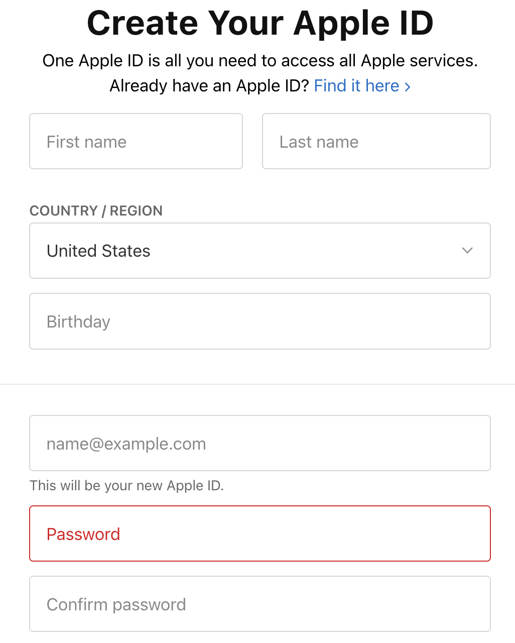 创建 Apple ID 页面，含姓名、国家/地区、邮箱和密码填写栏