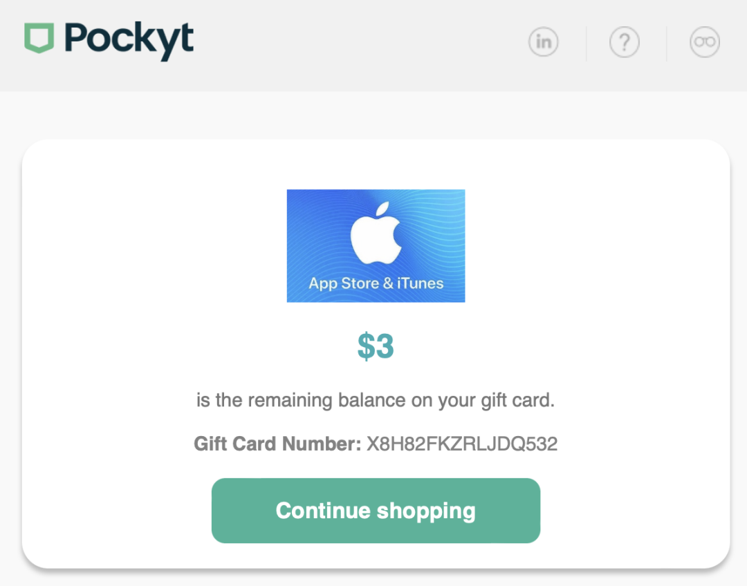 Pockyt 购买成功页面显示 $3 App Store 礼品卡余额和兑换码
